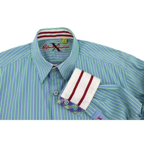 Robert Graham Long Sleeve Shirt Mens Large Tailored Fit Striped Blue Green - Picture 1 of 12